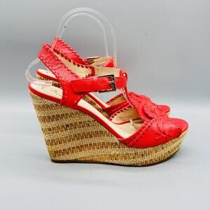 Jack Rogers Sandals Womens 9.5 Red Leather Espadrille Wedge Ankle Strap Buckle